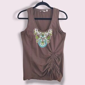 Athleta Women's Brown Ruched Side Tank Top M Embroidered Paisley Athletic